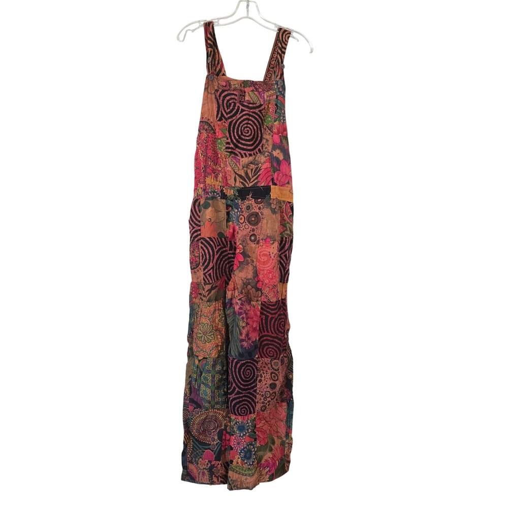 Boho Patchwork Overalls Wide Leg Floral Spiral Print Jumpsuit Multi Color Womens